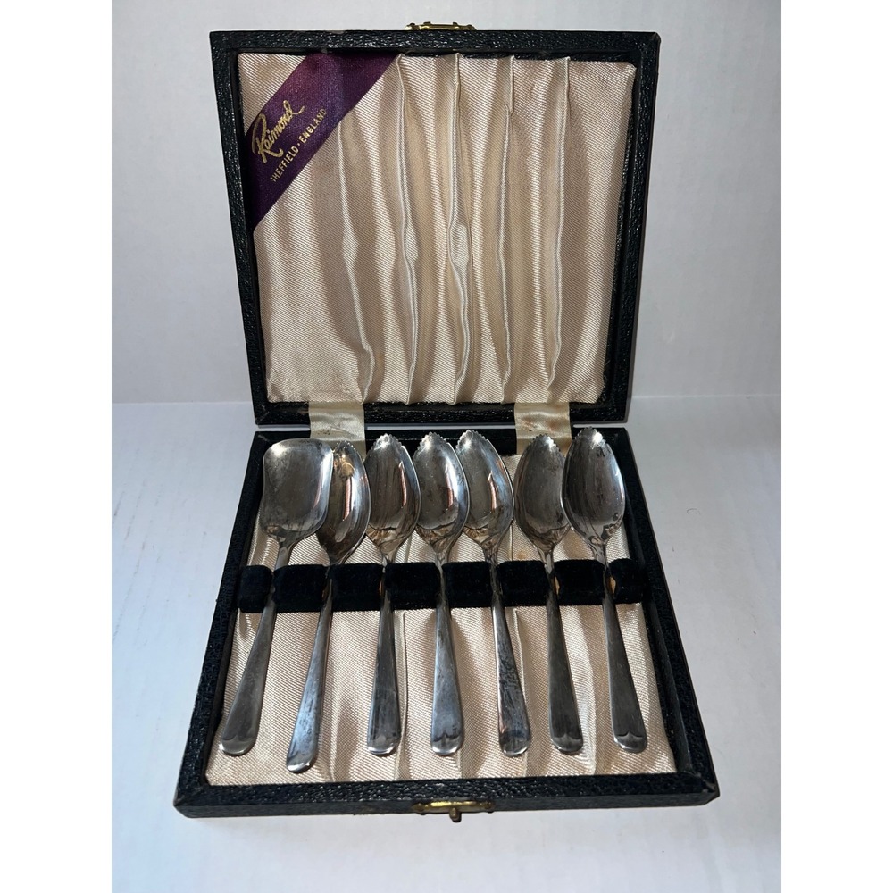 Vintage Raimond Sheffield England EPNS A1 Silver Plate Grapefruit Spoon Set 7pc